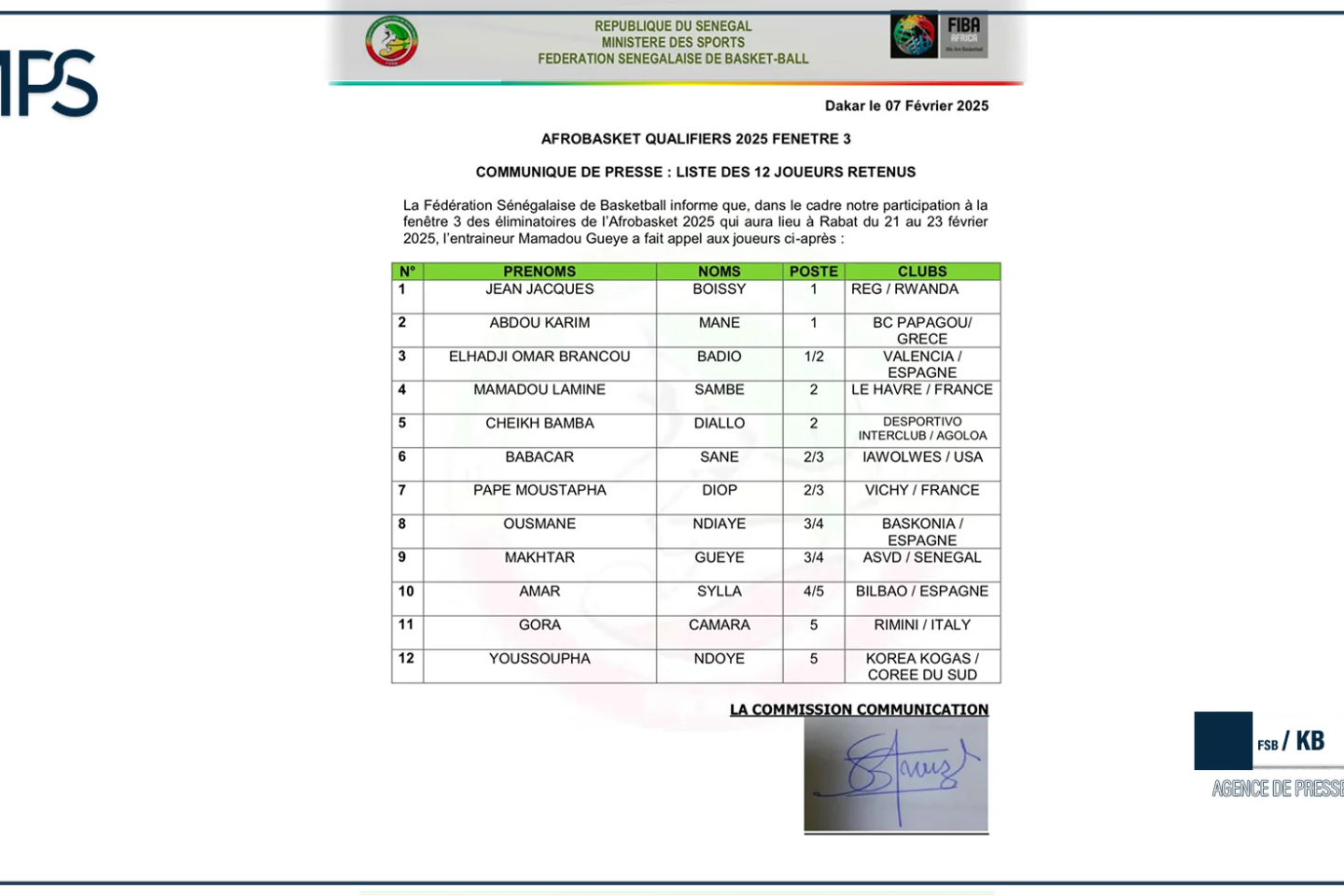 Eliminatoires Afrobasket 2025 : la Fédération sénégalaise de basket publie une liste de 12 joueurs