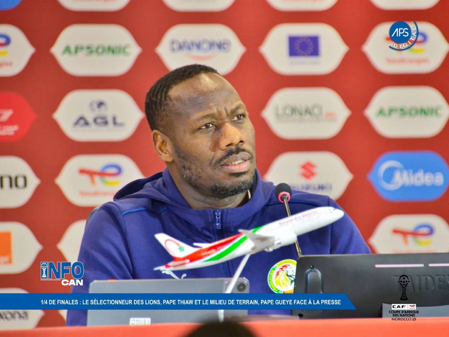 1/4 de finales : le sélectionneur des lions, Pape Thiaw et le milieu de terrain, Pape Gueye face à la Presse